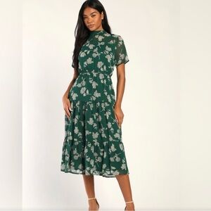 LULU’S Green White Floral Midi Dress | Sheer Sleeve | Mock Neck | Fit Flowy Glam